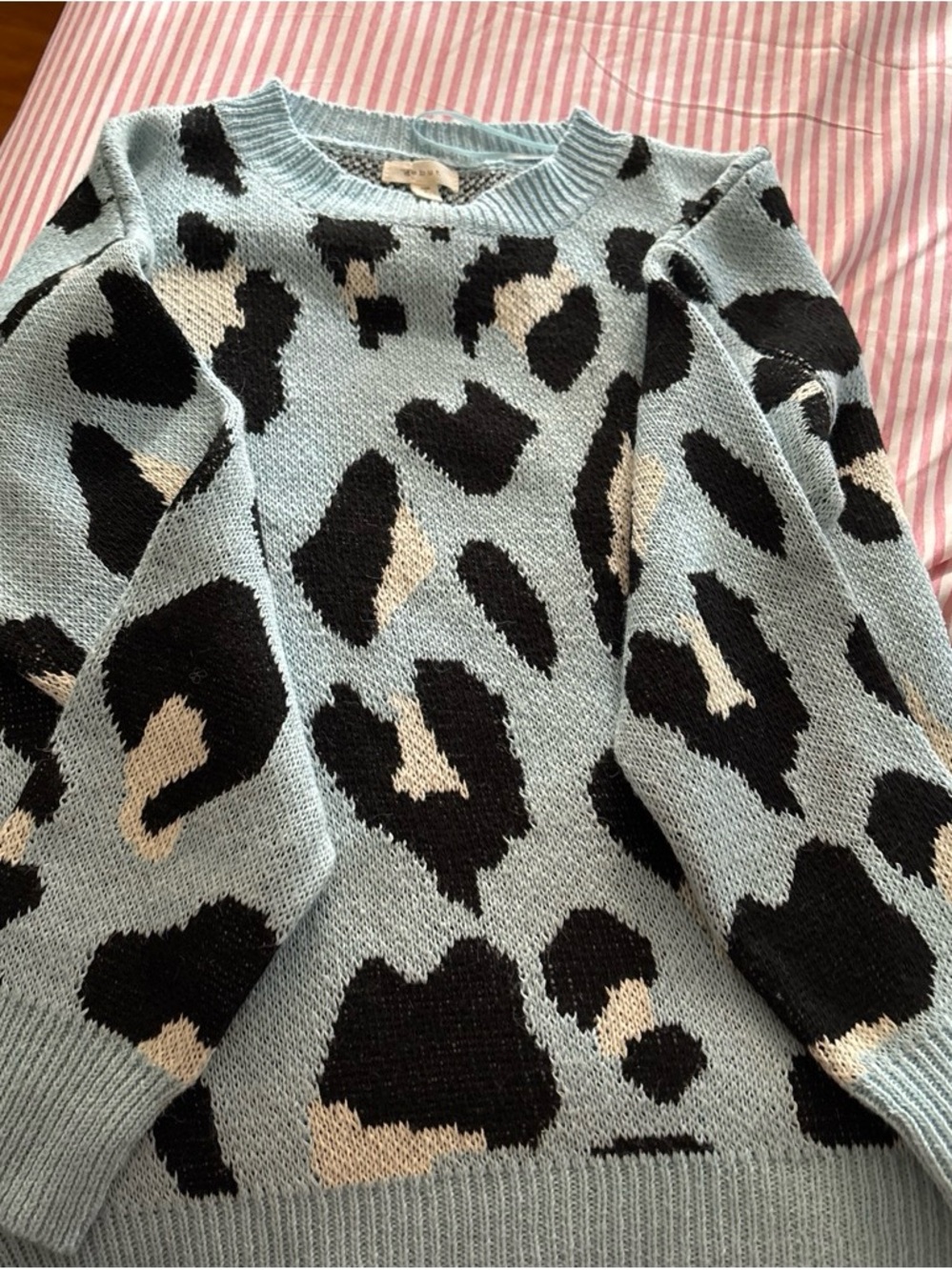 debut Light Blue Leopard-Print Crewneck Sweater with Black & Cream Spots